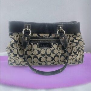 Coach Signature Penelope Jacquard And Black Leather Satchel Handbag